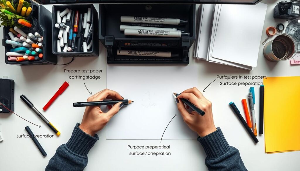 A workspace showing paint pens being used with proper technique on a project