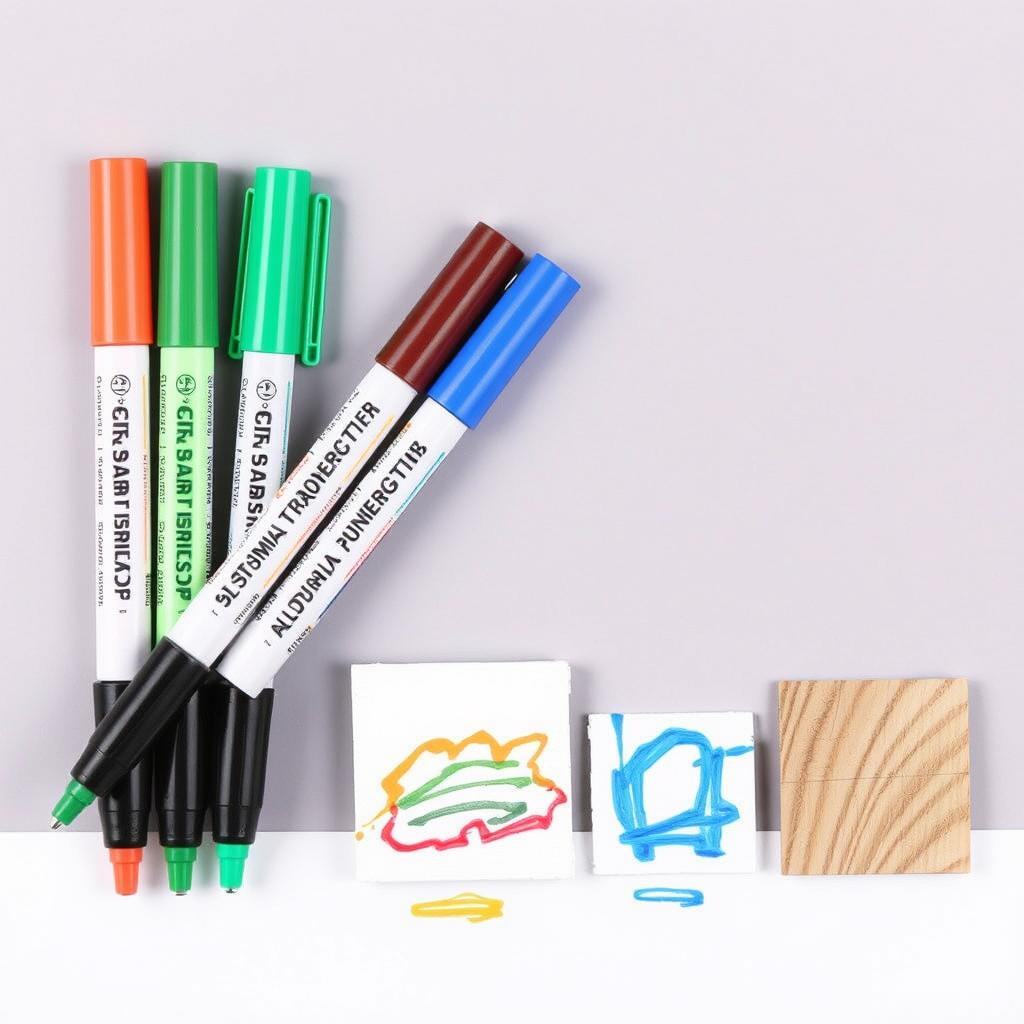 Acrylic paint pens with examples of their application on canvas and wood