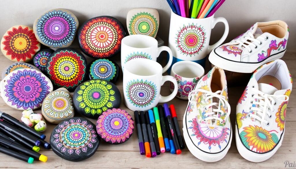 Collection of colorful completed paint pen projects including rocks, mugs, and canvas items