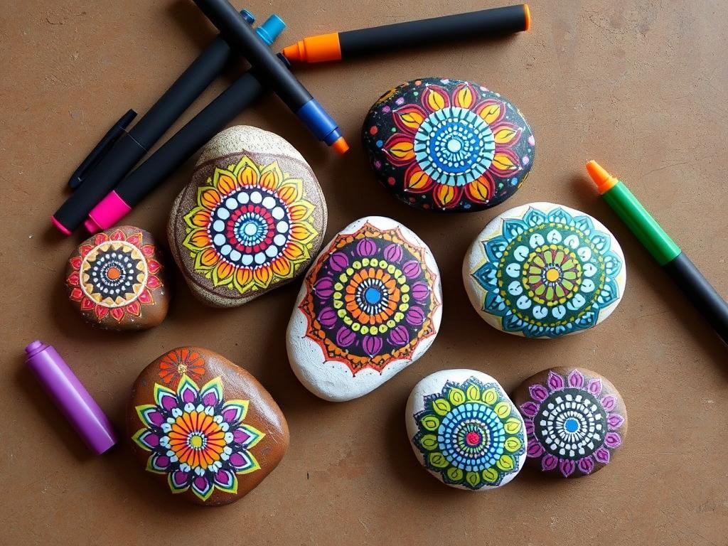 Colorful painted rocks created using paint pens with detailed designs