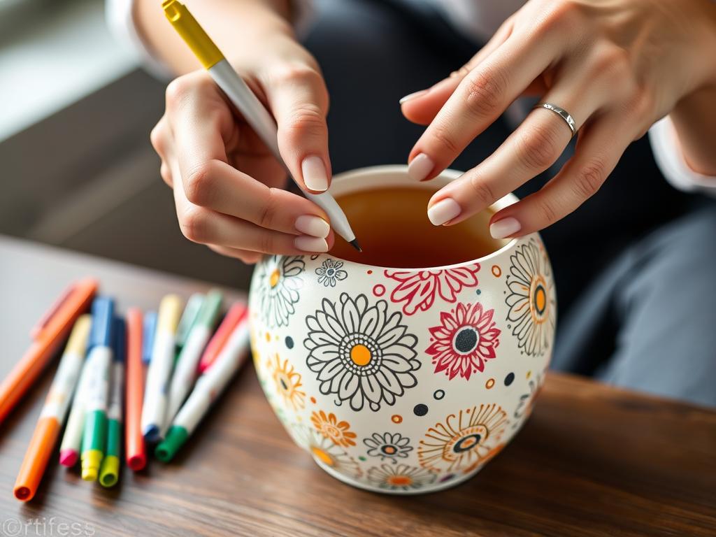 Paint pens being used to decorate a ceramic flower pot with intricate patterns