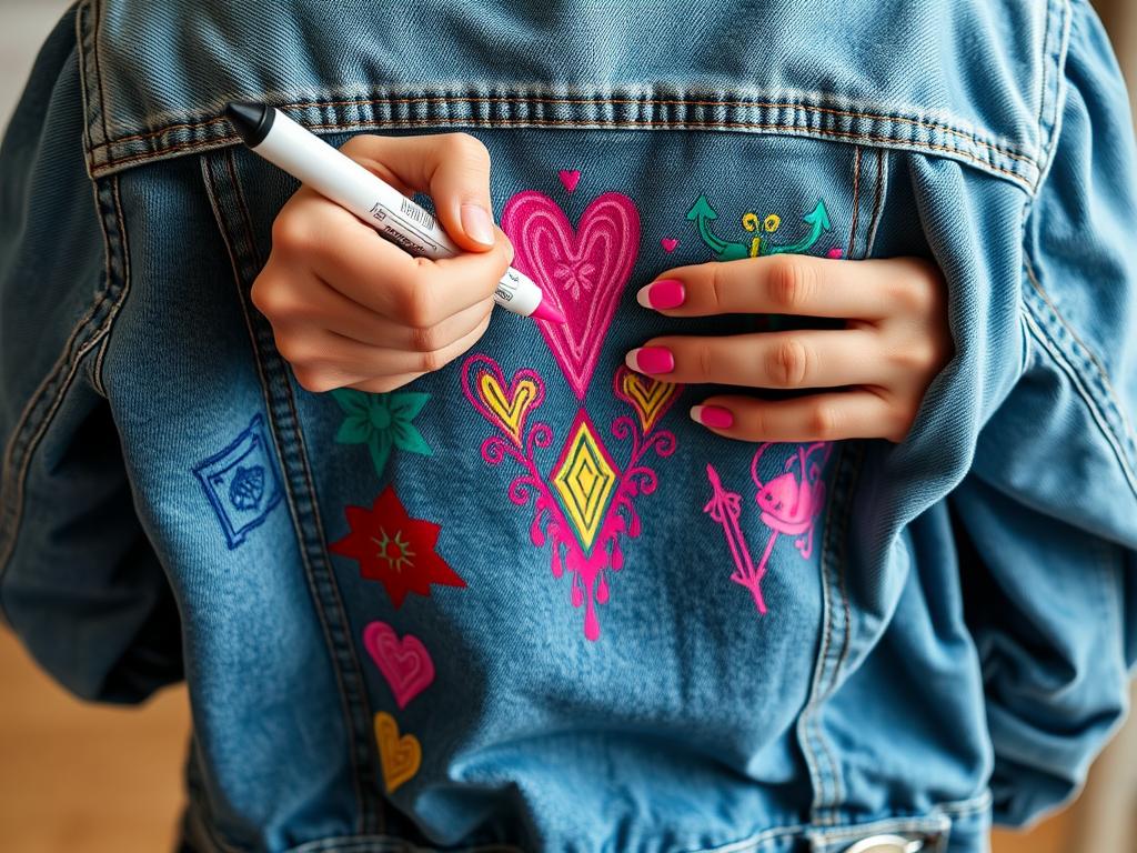Person using paint pens to customize a denim jacket with colorful designs