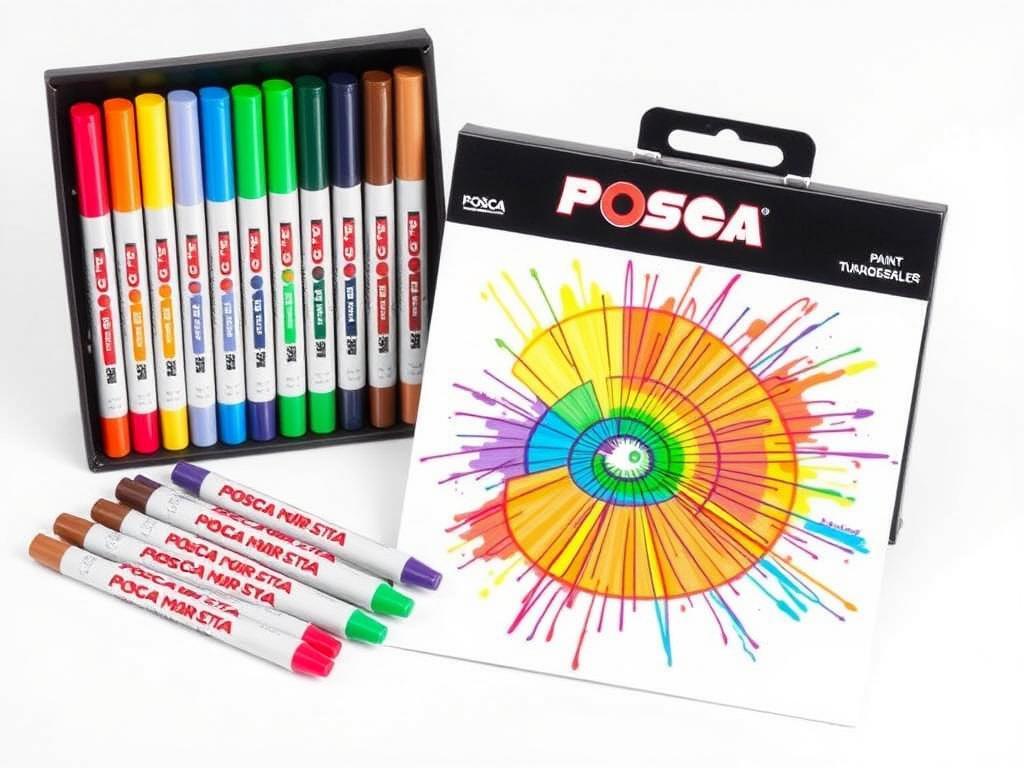 Posca Paint Markers set displayed with colorful artwork created using these pens