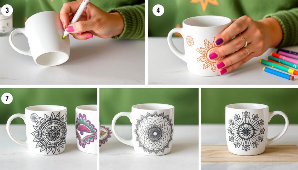 Process of creating custom designs on ceramic mugs with paint pens
