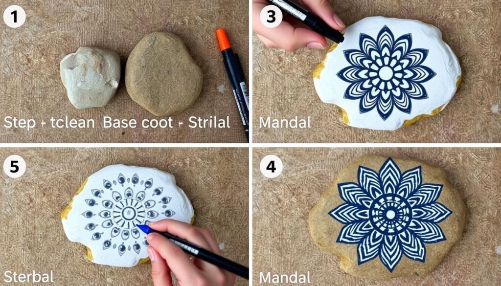 Step-by-step process of creating mandala designs on rocks using paint pens