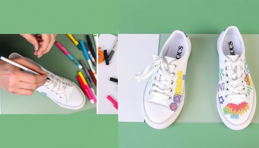 Step-by-step process of decorating white canvas shoes with colorful paint pen designs