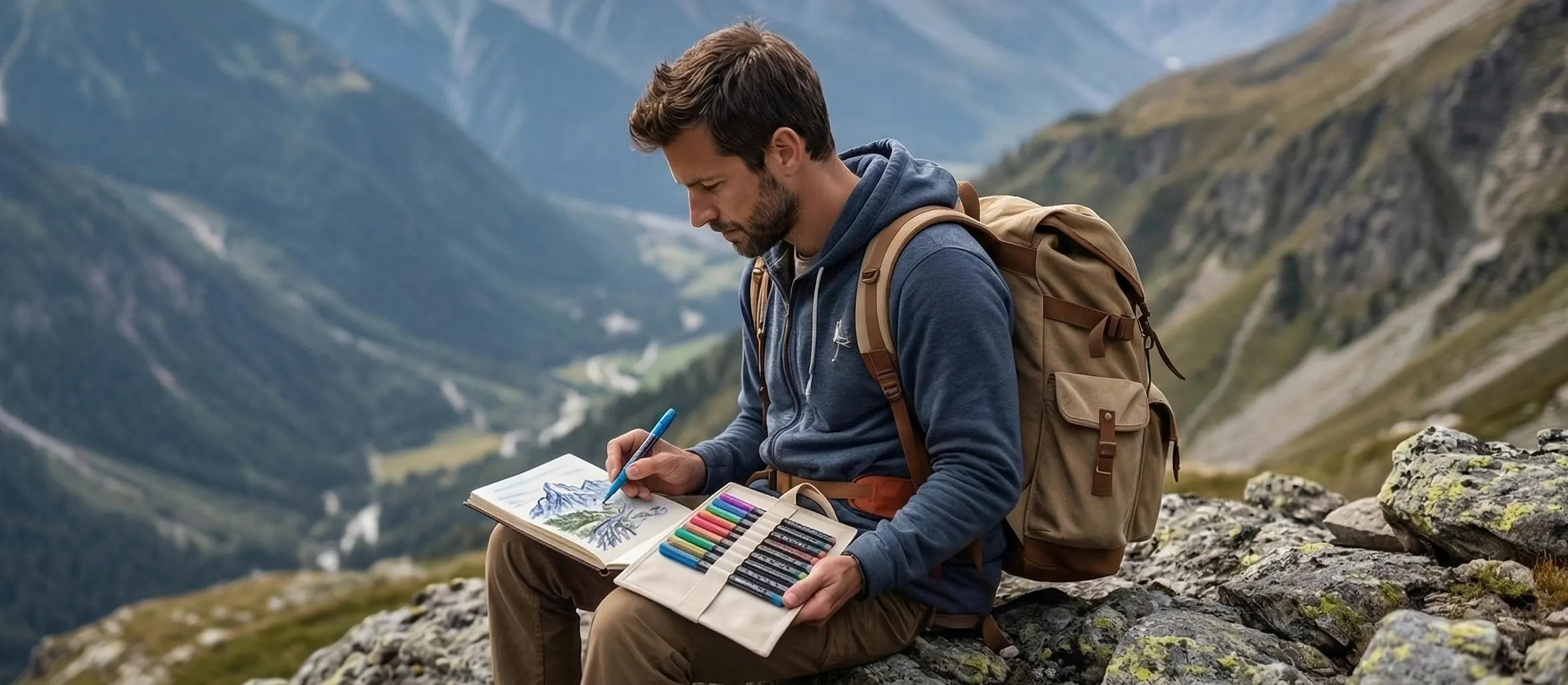 An artist sitting on a rock during outdoor plein air sketching, with the canvas pen bag tied to their backpack and spread open on their lap, using a blue glitter marker.