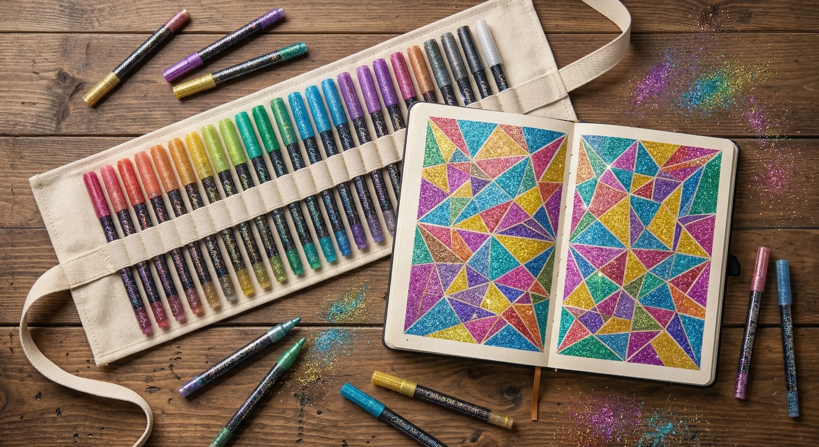 A top-down bird's-eye view of an open canvas pen bag displaying the full 24-color glitter marker set on a rustic wooden table next to an artistic bullet journal.