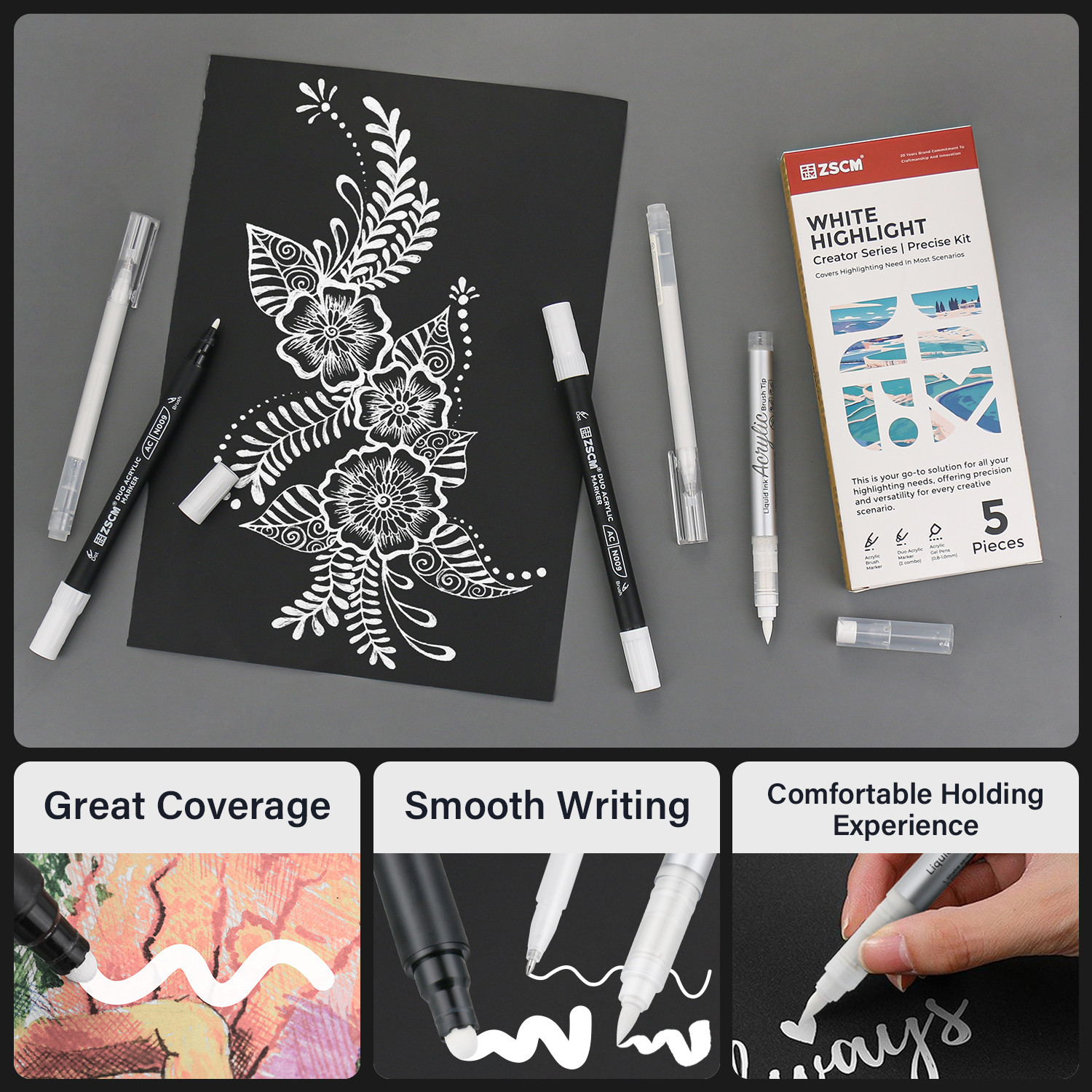 5 Pack White Acrylic Ink Pens for Drawing,