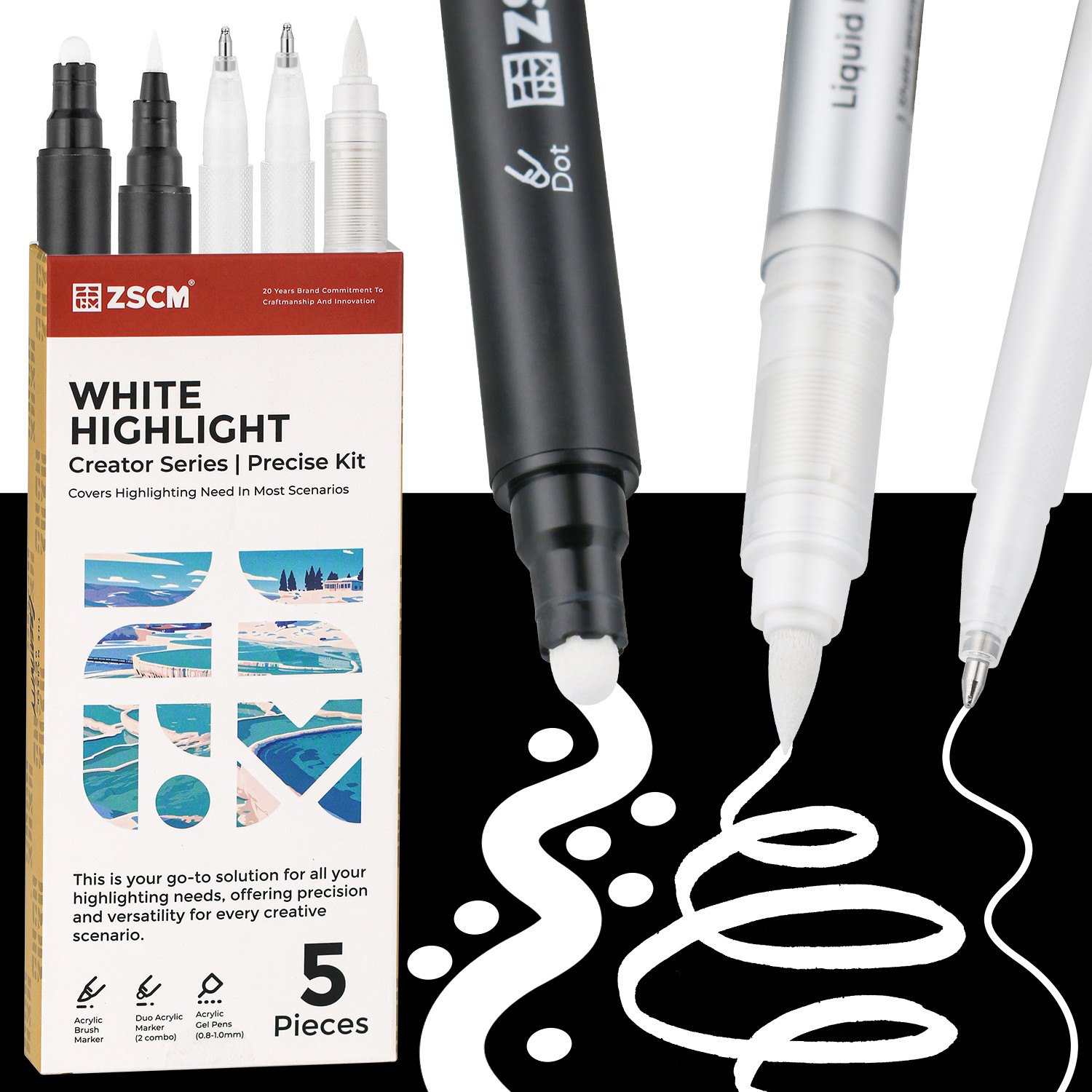 5 Pack White Acrylic Ink Pens for Drawing,