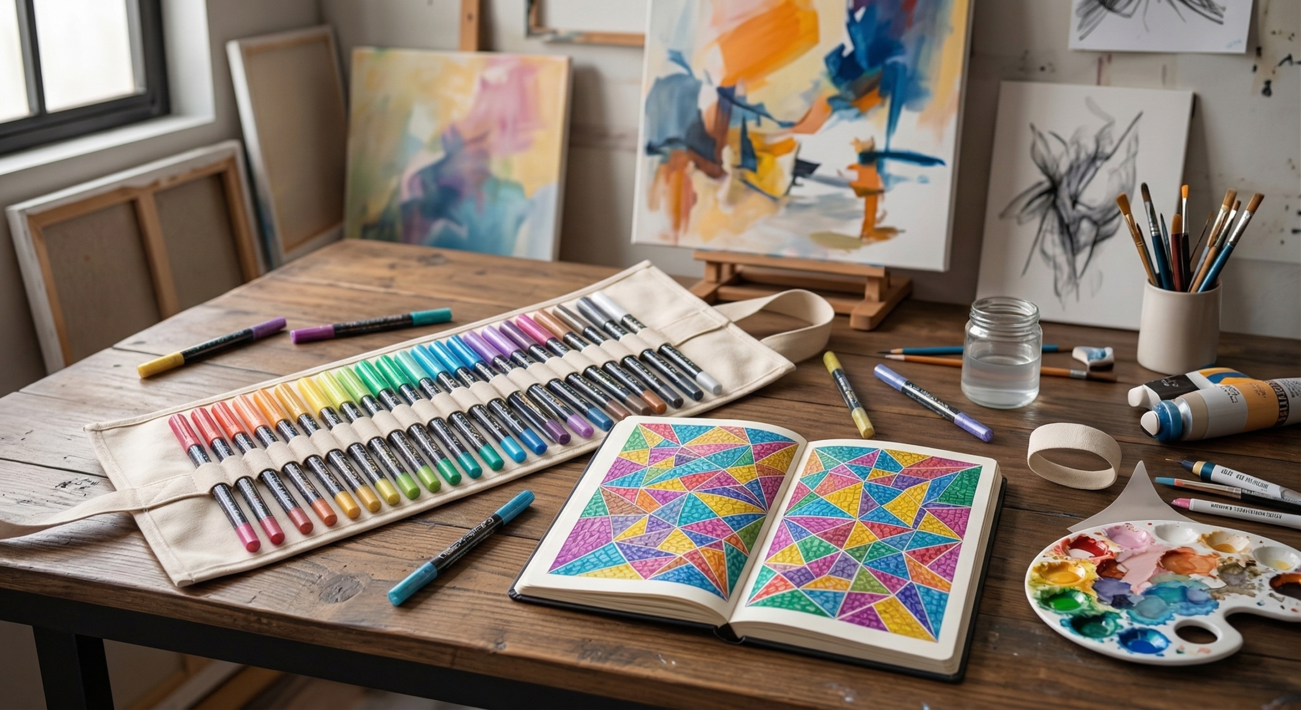 A slightly messy but creative artist's studio. The 24-color glitter pen set in its open canvas wrap (from image_0.png) is the center of attention on the desk.