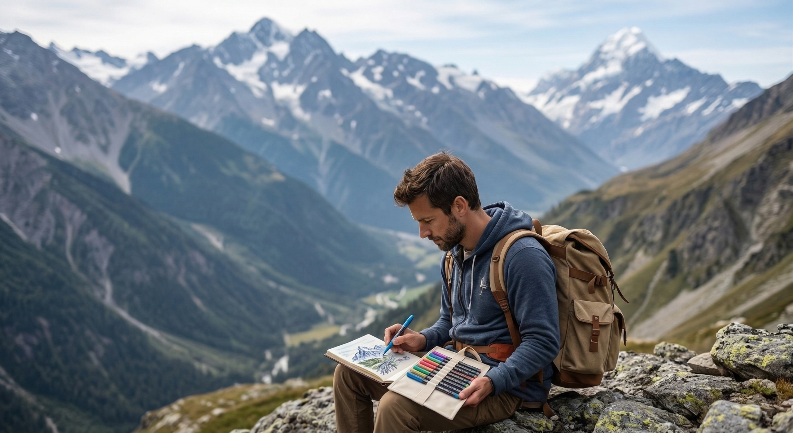Home An artist sitting on a rock during outdoor plein air sketching, with the canvas pen bag tied to their backpack and spread open on their lap, using a blue glitter marker.