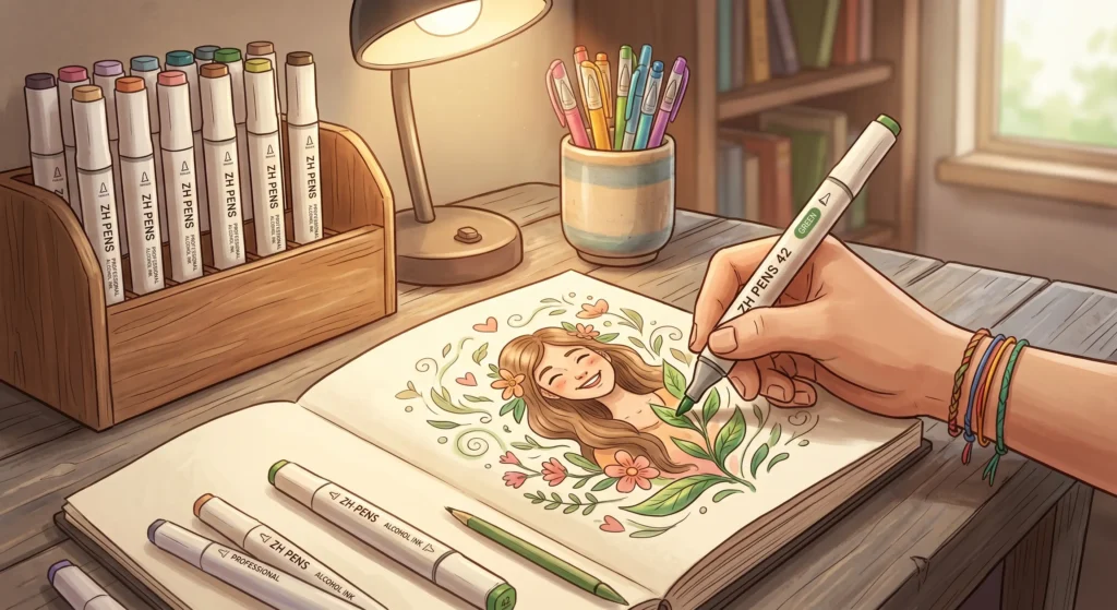 إنشاء رسم توضيحي علاجي باستخدام أقلام احترافية للعلاج بالفن.
