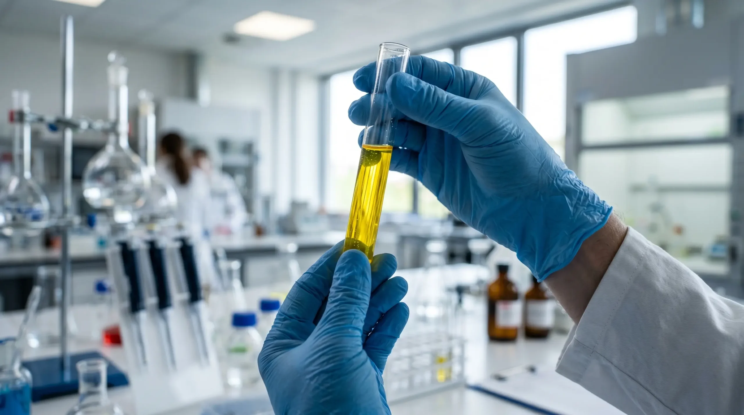 Extreme close up of a lab technician's hands wearing protective blue gloves, holding up a glass test tube filled with a bright, transparent yellow chemical liquid against the laboratory light.