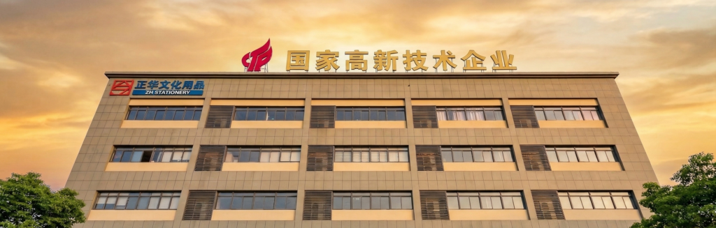 Aerial view of ZH Stationery pen manufacturing factory, a modern facility with solar panels and National High-tech Enterprise certification in Zhejiang, China.