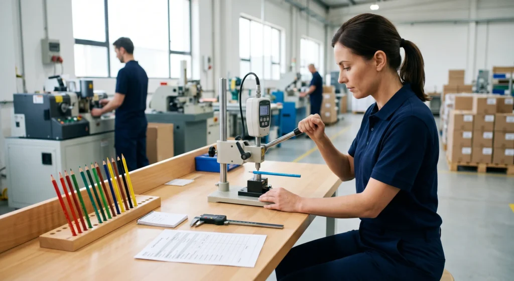 Quality control testing for colored pencil physical and safety standards.