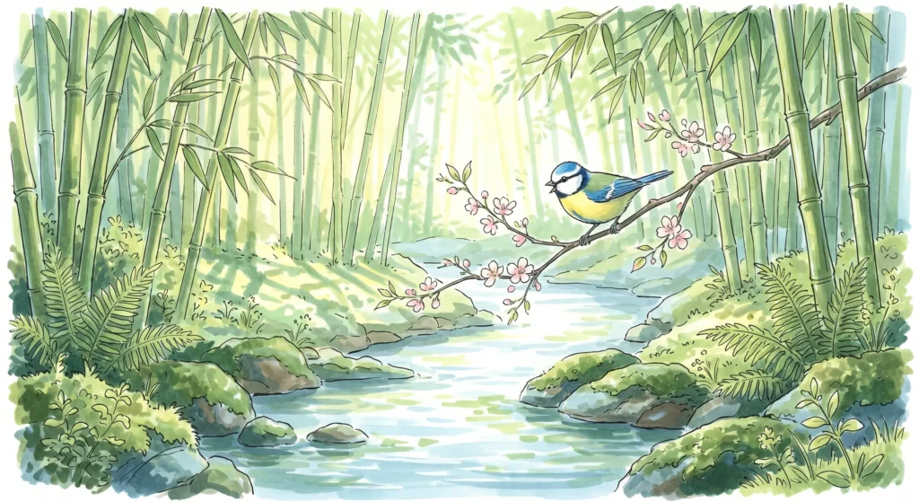 Secluded bamboo forest stream in healing art style for stress relief.