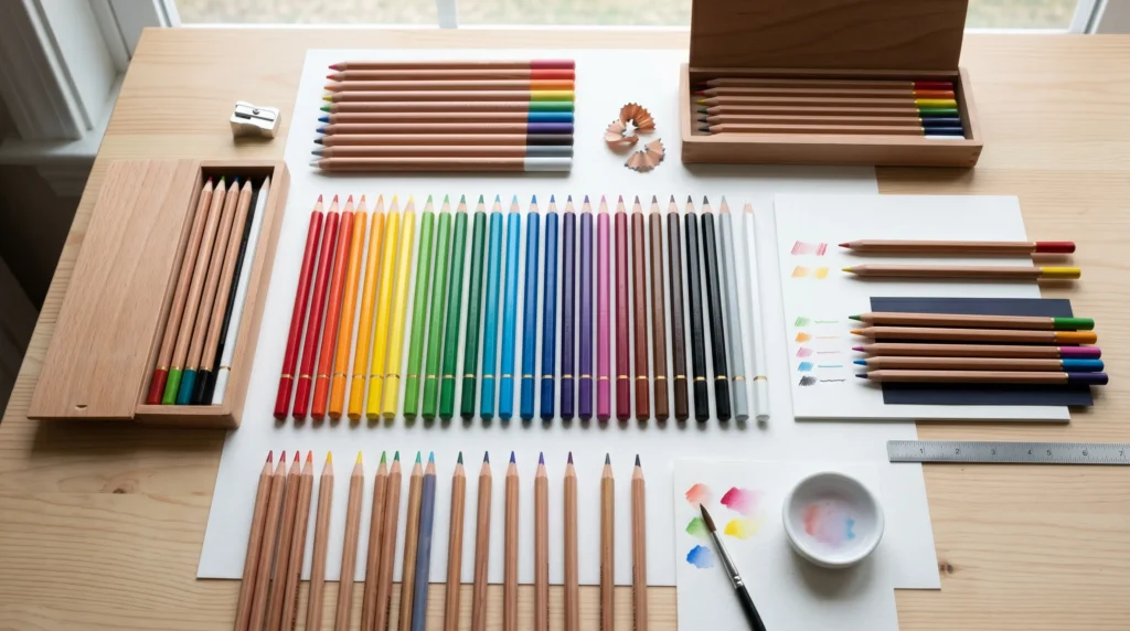 Various types of colored pencils including standard, watercolor, and pastel for wholesale.