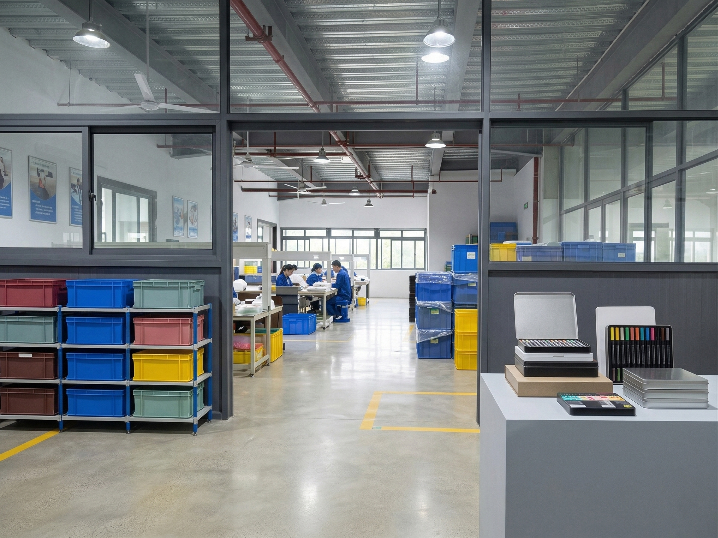 For specialized OEM/ODM projects, human craftsmanship remains essential. In this dedicated workshop, our skilled workers expertly assemble multi-color marker sets, arrange premium tin boxes, and handle complex packaging requests that require a delicate touch and meticulous organization.