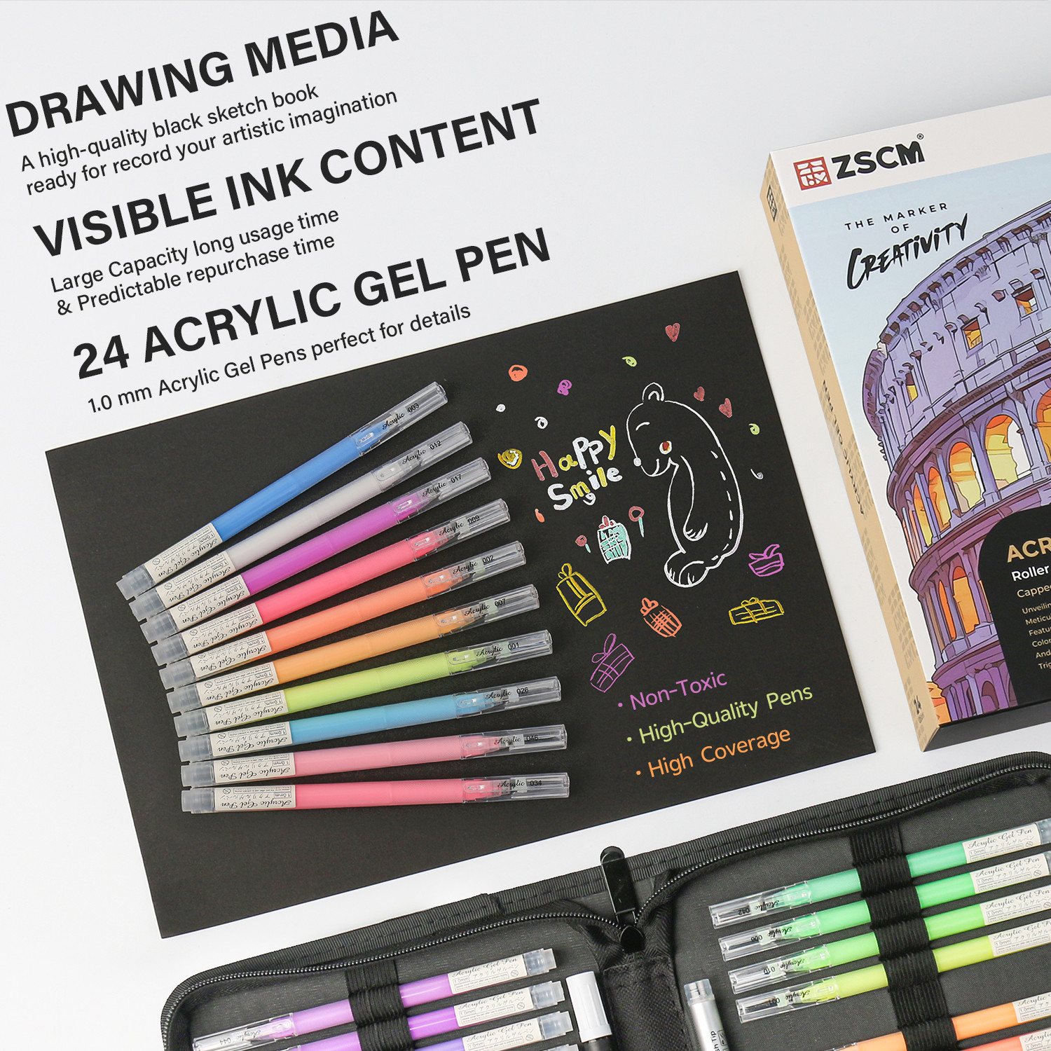 Carnet de croquis en papier noir et 24 stylos gel acryliques de couleur pour dessin