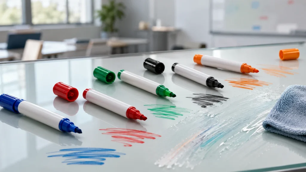 Wet erase markers in assorted colors on glass writing board with damp cloth for B2B sourcing guide
