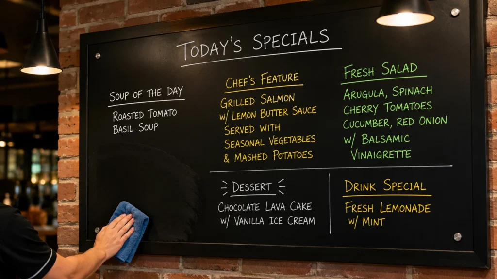 Commercial wet erase markers used on restaurant menu board for daily specials