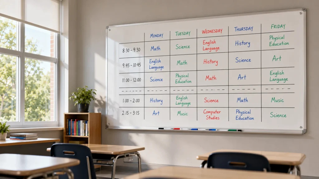Classroom wet erase marker scheduling board for school weekly timetable