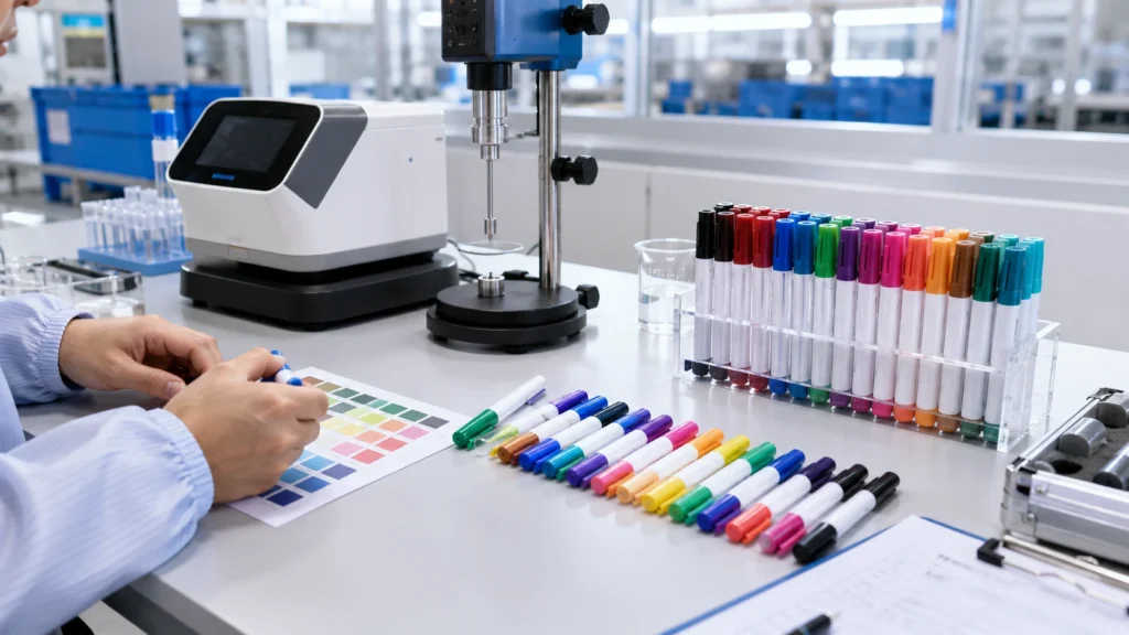 Factory quality control inspection of wet erase markers before bulk shipping