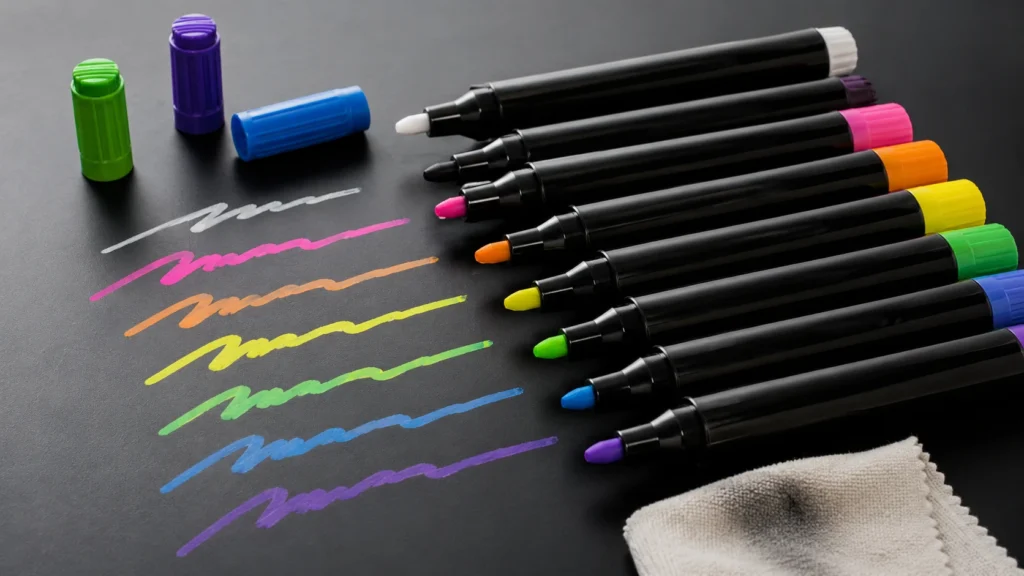 Dry erase markers being wiped with dry cloth vs wet erase markers cleaned with damp cloth