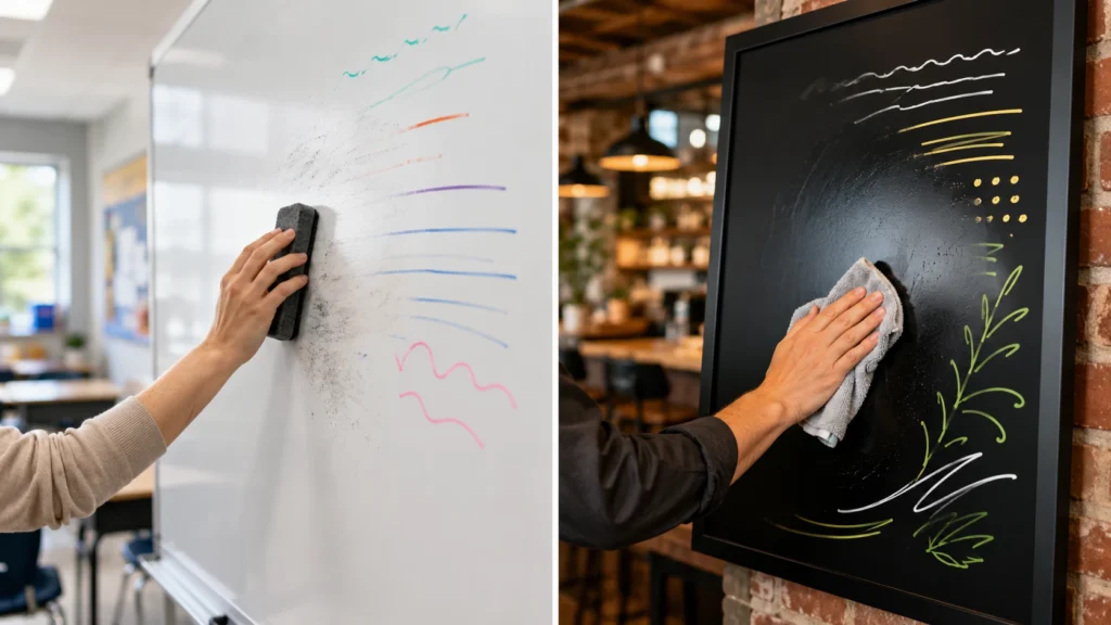 Dry erase markers being wiped with dry cloth vs wet erase markers cleaned with damp cloth