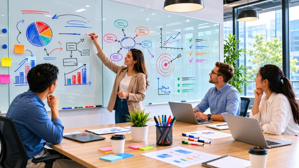 Modern hybrid office meeting room with both dry erase and wet erase markers on glass whiteboard