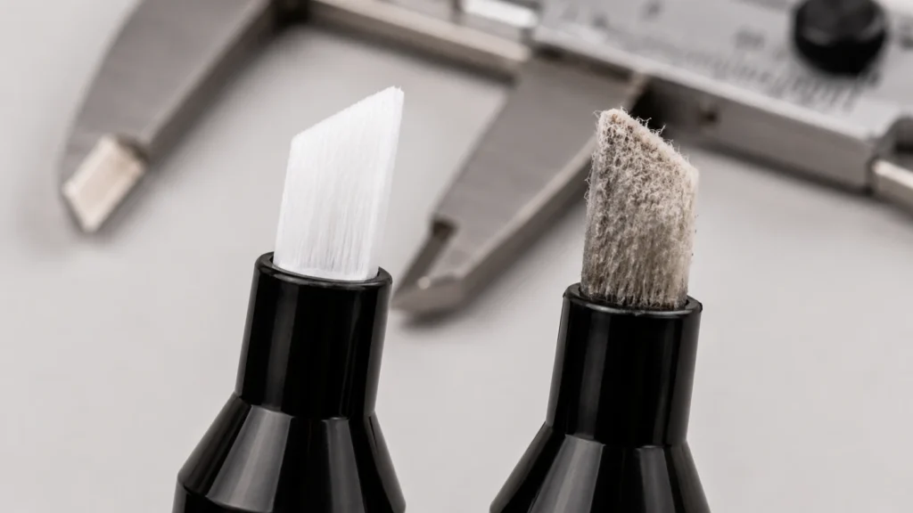 Close-up comparison of fresh nylon marker tip vs worn felt marker tip showing quality difference