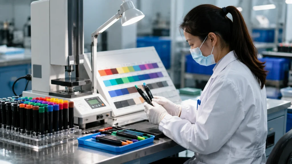 Quality control inspection of marker pens on factory assembly line for B2B stationery manufacturing