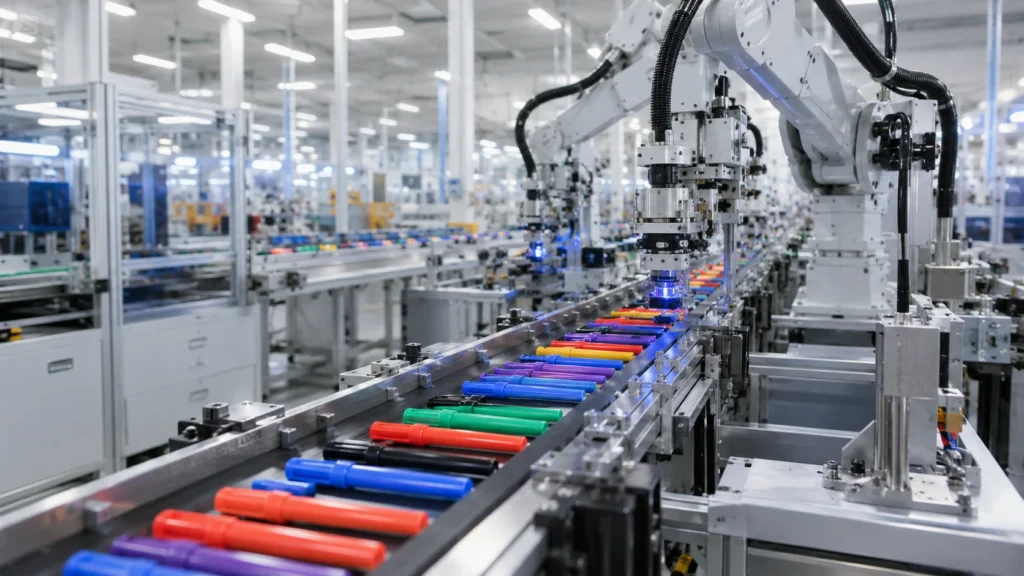 Injection molding machine producing plastic marker pen barrels