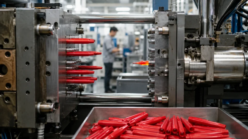 Injection molding machine producing plastic marker pen barrels