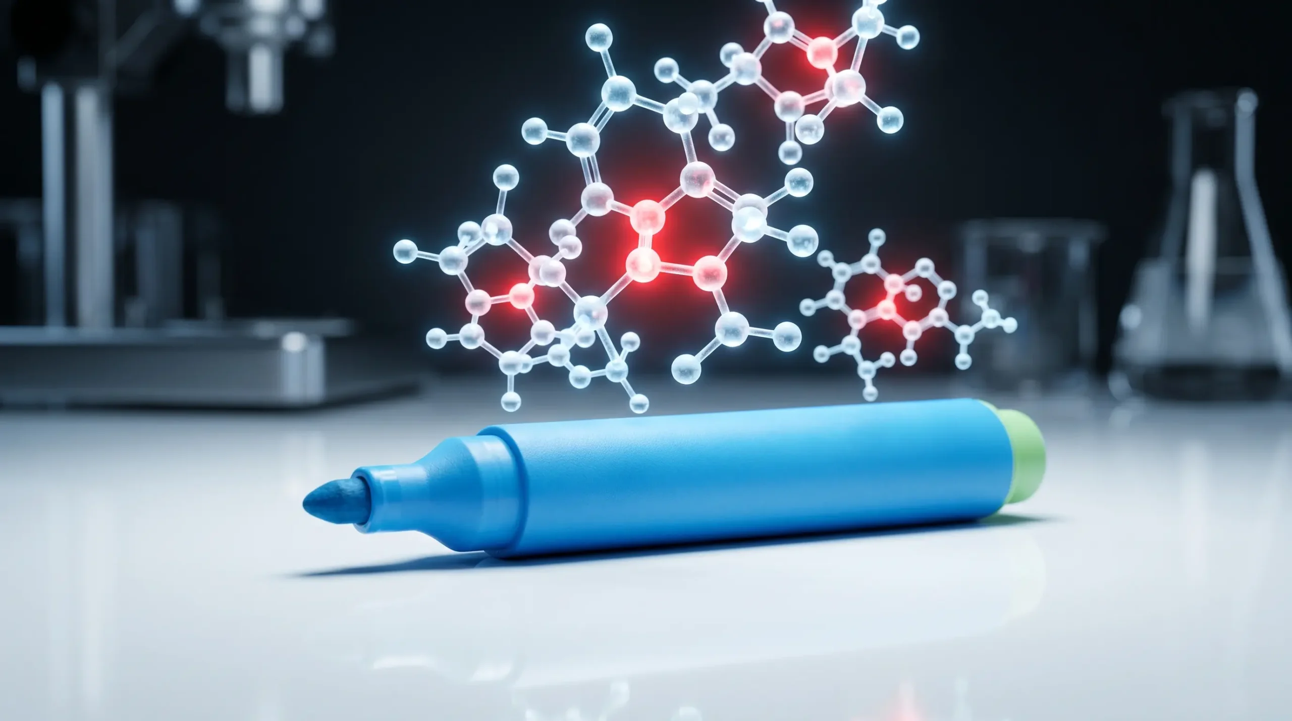A macro close-up shot of a marker pen, with sleek chemical molecular structures symbolizing hidden industrial solvents emerging in the background, hinting at potential dangers lurking behind seemingly safe marketing labels.