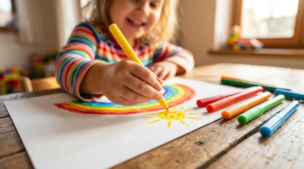 A young child drawing with high-saturation custom markers, illustrating the visual color preference of 3-6 year olds.