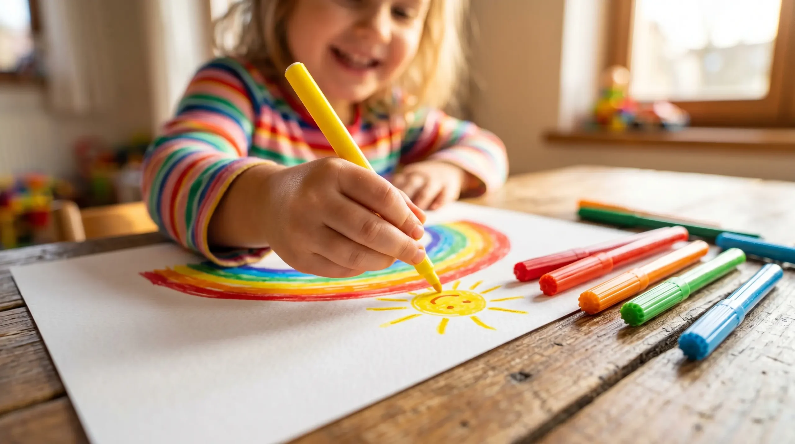 A young child drawing with high-saturation custom markers, illustrating the visual color preference of 3-6 year olds.