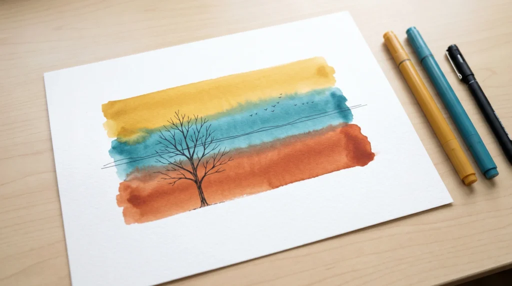 Abstract marker swatch landscape combining ochre teal and rust color bands with minimalist line art