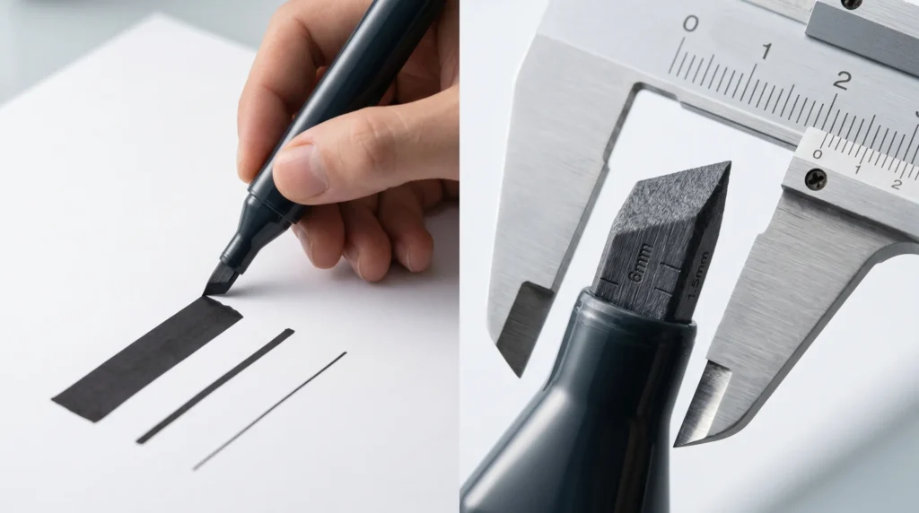 Chisel tip marker showing three line widths and angled cut geometry close-up