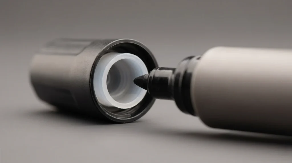 Close-up of mini marker cap seal mechanism showing inner liner and nib housing for quality control