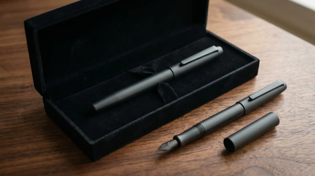 Corporate gifting 2026 engraved metal pen set with notebook and gift box flat-lay