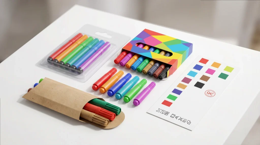 Custom branded mini markers with various packaging designs demonstrating pocket stationery OEM capabilities