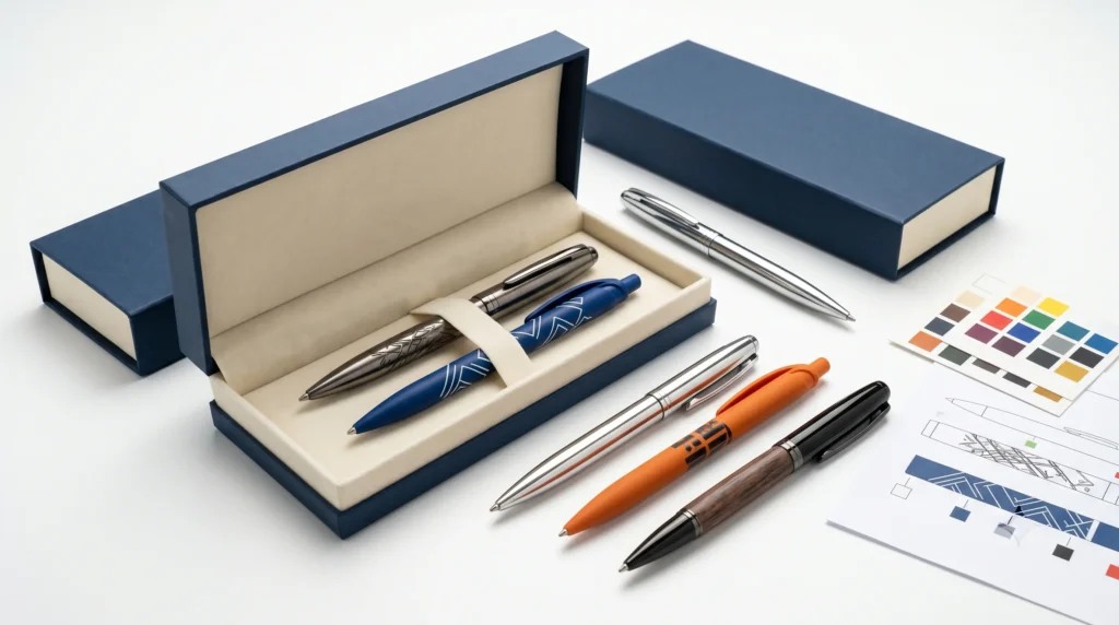 Custom engraved pens in various materials and packaging styles demonstrating corporate pen program options