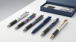 Commande en gros de stylos gel personnalisés montrant diverses techniques d'impression de logo et d'image de marque