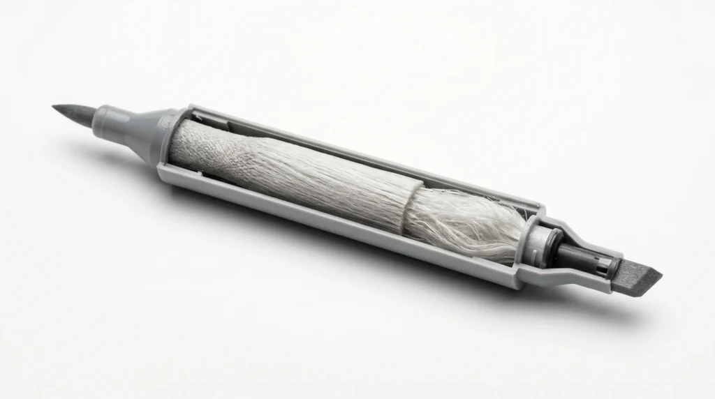Dual tip marker internal structure cutaway showing reservoir core and tip assemblies