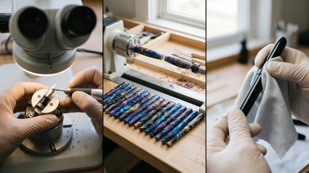European luxury pen manufacturing showing German precision nib grinding, Italian resin craftsmanship, and French lacquer finishing