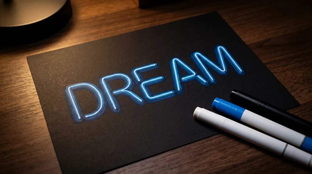 Fake neon sign TikTok marker art spelling DREAM with white offset highlight on black paper
