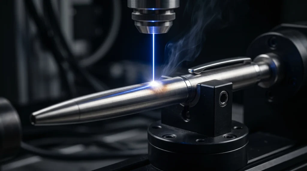  Fiber laser engraving a metal pen barrel with visible laser spot and precision rotary fixture for custom engraved pens