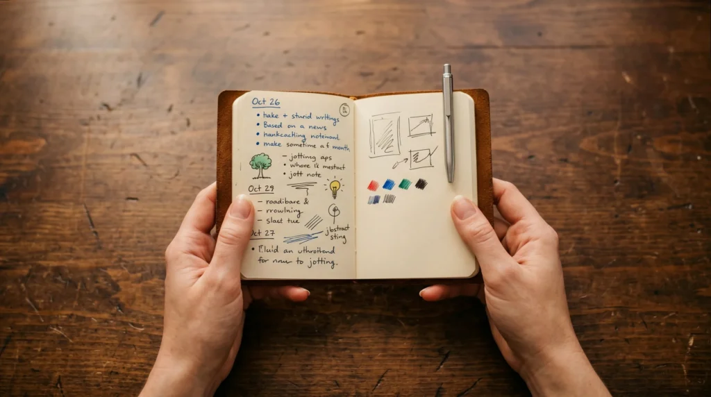 Hands using pocket stationery — a mini pen and compact notebook with handwritten notes and sketches